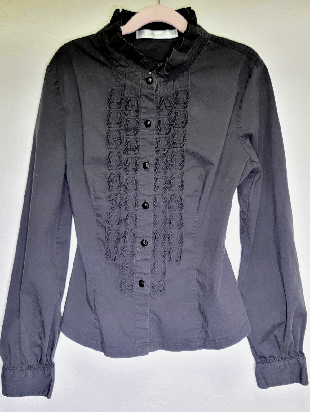 Black Blouse With Front Ruffles And On Neckline Size M But Will Fit Small